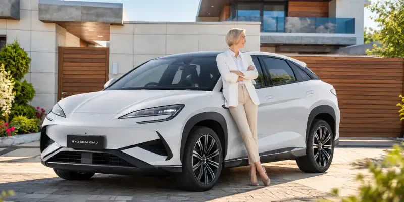 mulher encostada no carro suv elétrico BYD Sealion 7