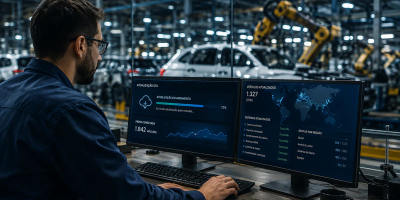 Homem TI usando computador dentro da fábrica de carros