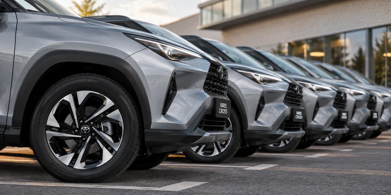 frota de Toyota Yaris Cross na cor Cinza Celestial (1K3) e destaque para as rodas em primeiro plano, mantendo a estética realista e corporativa